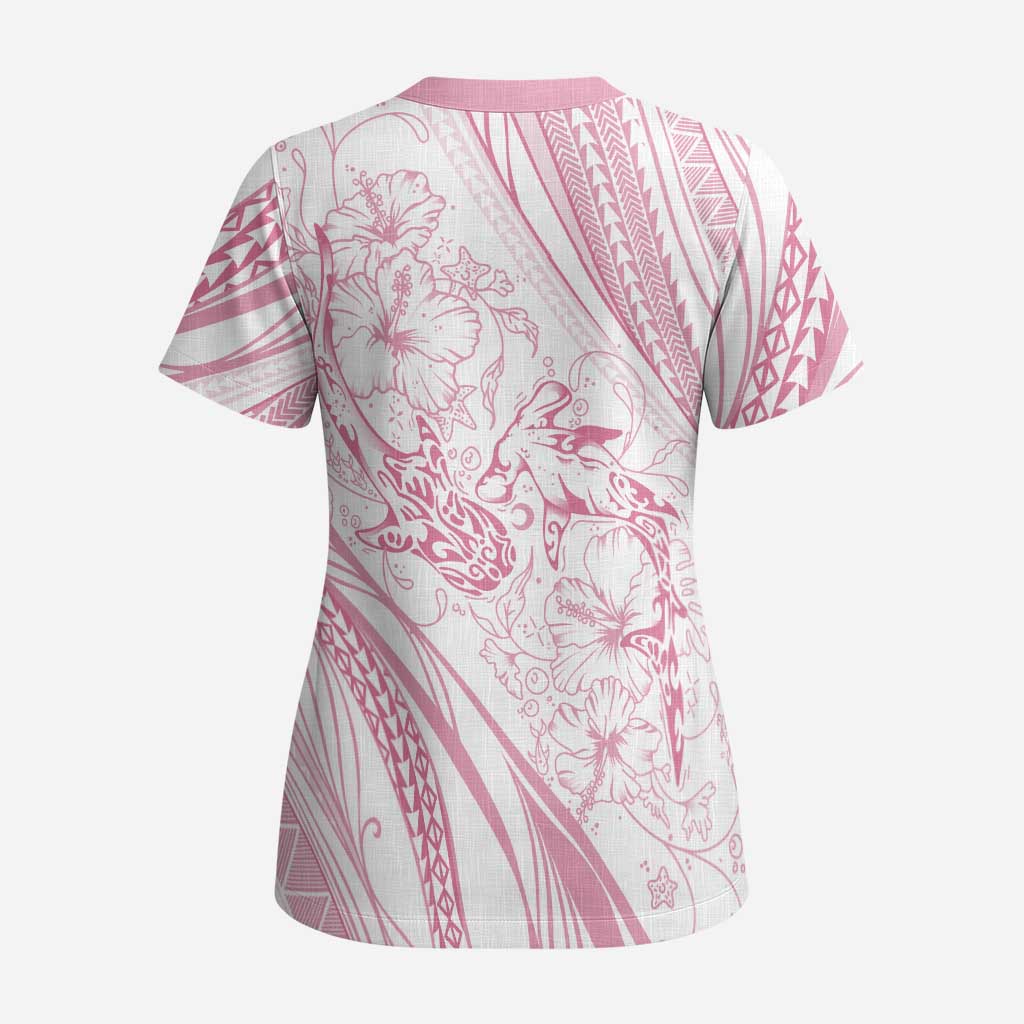 Sharks Couple Dreamy Polynesians Floral Sea Scrub Top Pink - Polynesian Pride