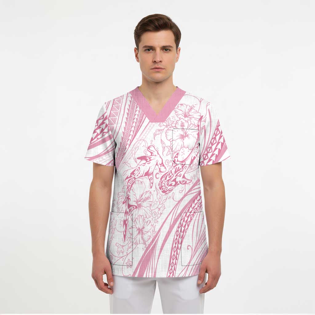 Sharks Couple Dreamy Polynesians Floral Sea Scrub Top Pink - Polynesian Pride