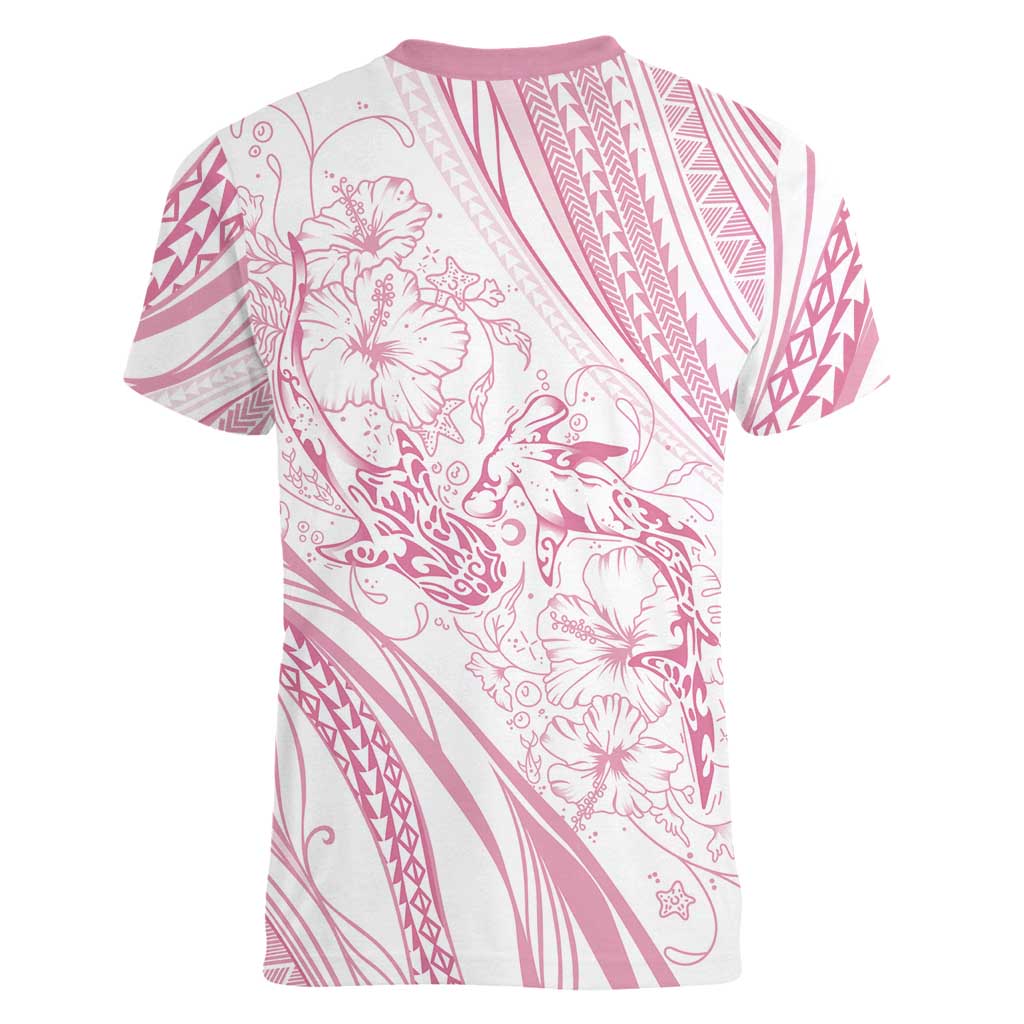 Sharks Couple Dreamy Polynesians Floral Sea Women V-Neck T-Shirt Pink LT7 - Polynesian Pride