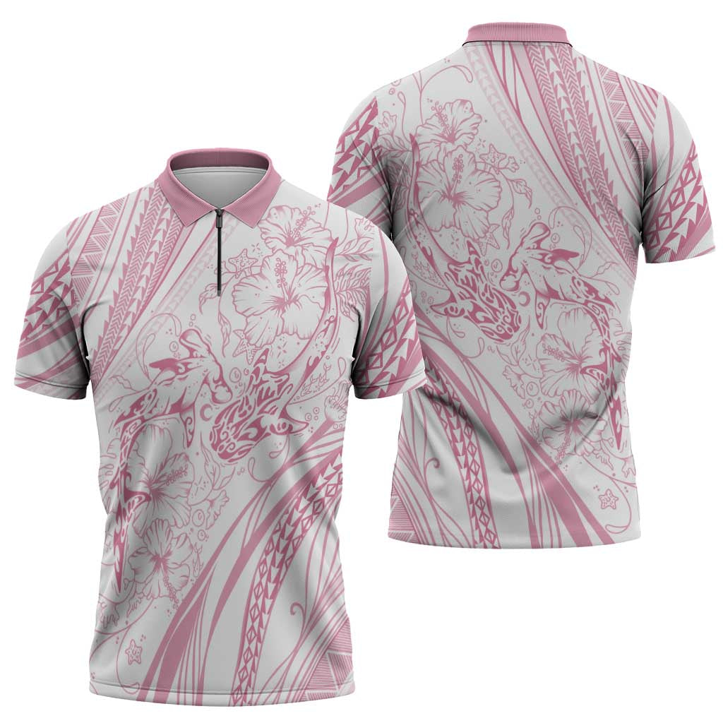 Sharks Couple Dreamy Polynesians Floral Sea Zipper Polo Shirt Pink - Polynesian Pride
