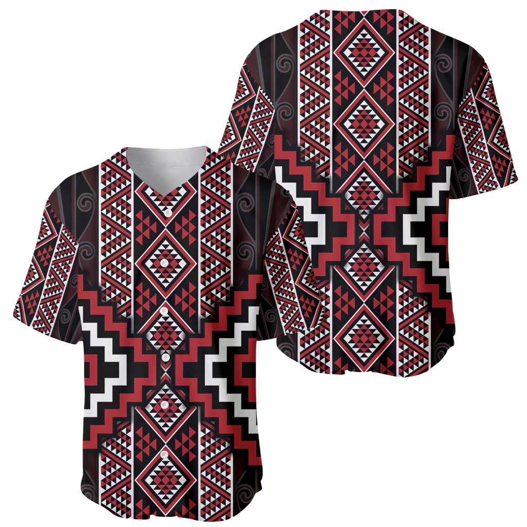 Red Tukutuku Pattern Aotearoa Baseball Jersey Niho Taniwha and Puhoro Motifs