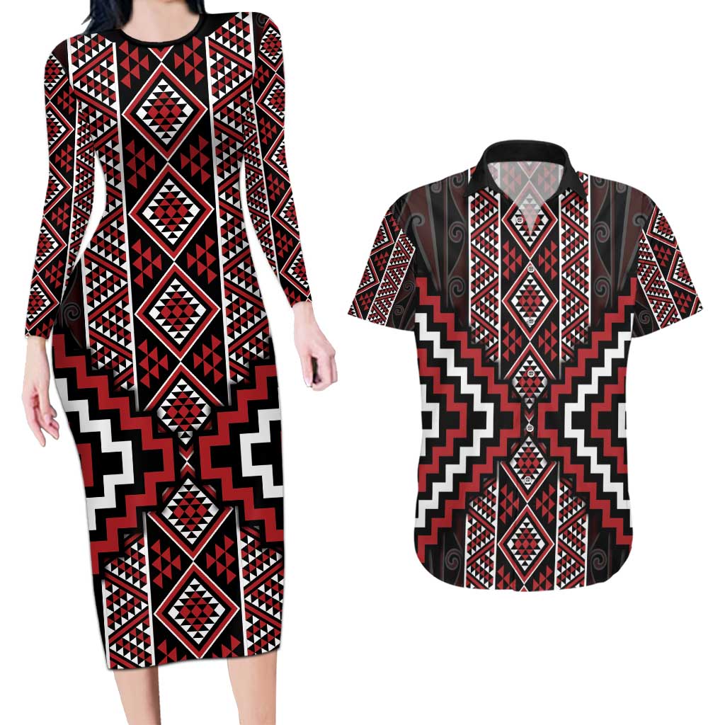 Red Tukutuku Pattern Aotearoa Couples Matching Long Sleeve Bodycon Dress and Hawaiian Shirt Niho Taniwha and Puhoro Motifs