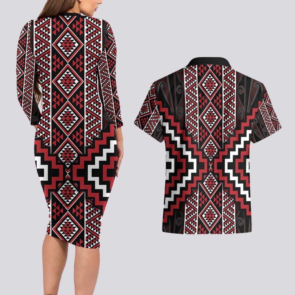 Red Tukutuku Pattern Aotearoa Couples Matching Long Sleeve Bodycon Dress and Hawaiian Shirt Niho Taniwha and Puhoro Motifs
