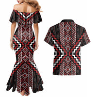 Red Tukutuku Pattern Aotearoa Couples Matching Mermaid Dress and Hawaiian Shirt Niho Taniwha and Puhoro Motifs