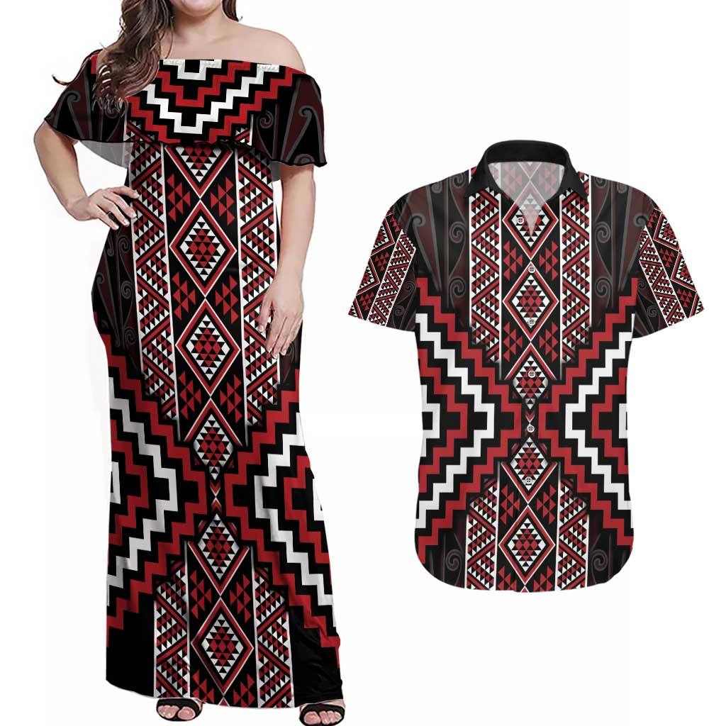 Red Tukutuku Pattern Aotearoa Couples Matching Off Shoulder Maxi Dress and Hawaiian Shirt Niho Taniwha and Puhoro Motifs