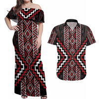 Red Tukutuku Pattern Aotearoa Couples Matching Off Shoulder Maxi Dress and Hawaiian Shirt Niho Taniwha and Puhoro Motifs