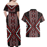 Red Tukutuku Pattern Aotearoa Couples Matching Off Shoulder Maxi Dress and Hawaiian Shirt Niho Taniwha and Puhoro Motifs