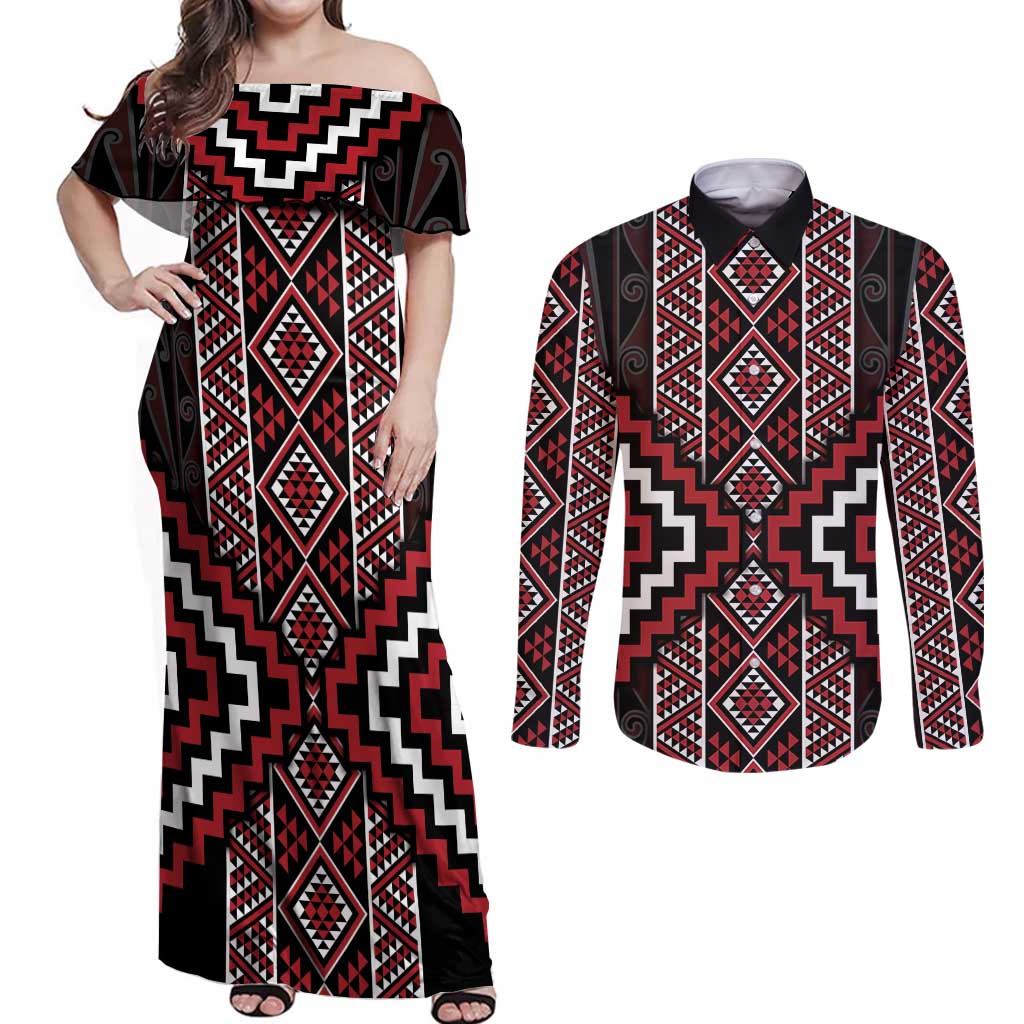 Red Tukutuku Pattern Aotearoa Couples Matching Off Shoulder Maxi Dress and Long Sleeve Button Shirt Niho Taniwha and Puhoro Motifs