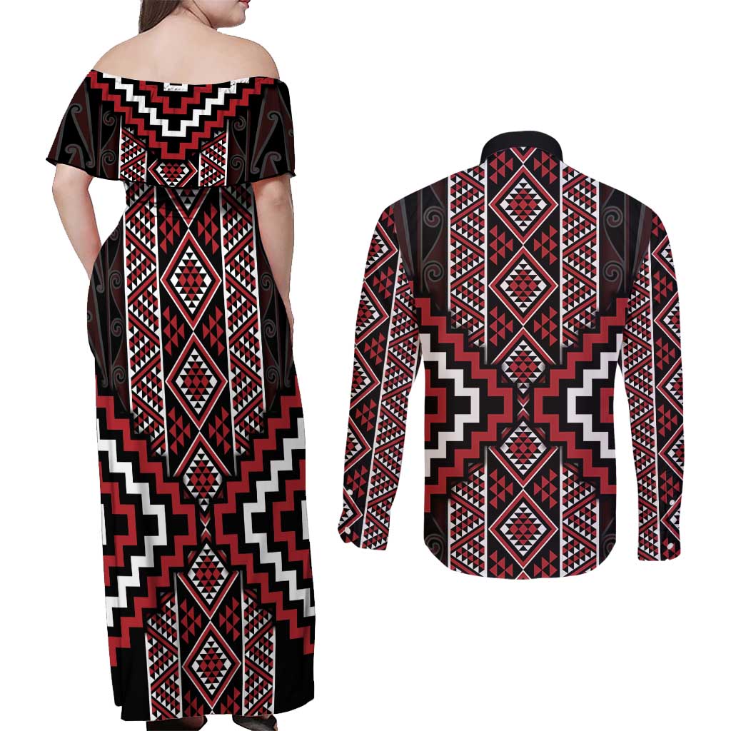 Red Tukutuku Pattern Aotearoa Couples Matching Off Shoulder Maxi Dress and Long Sleeve Button Shirt Niho Taniwha and Puhoro Motifs
