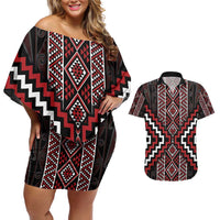 Red Tukutuku Pattern Aotearoa Couples Matching Off Shoulder Short Dress and Hawaiian Shirt Niho Taniwha and Puhoro Motifs
