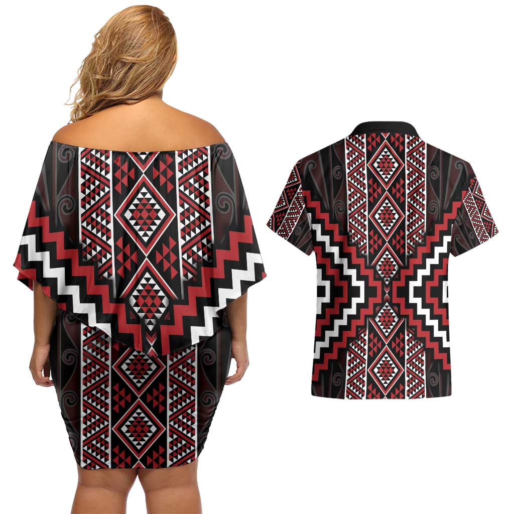 Red Tukutuku Pattern Aotearoa Couples Matching Off Shoulder Short Dress and Hawaiian Shirt Niho Taniwha and Puhoro Motifs