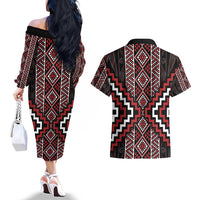 Red Tukutuku Pattern Aotearoa Couples Matching Off The Shoulder Long Sleeve Dress and Hawaiian Shirt Niho Taniwha and Puhoro Motifs