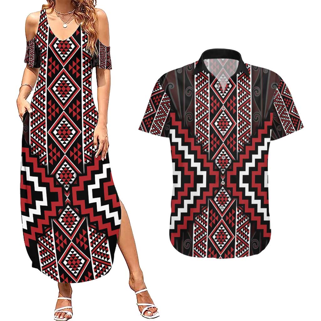 Red Tukutuku Pattern Aotearoa Couples Matching Summer Maxi Dress and Hawaiian Shirt Niho Taniwha and Puhoro Motifs