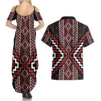 Red Tukutuku Pattern Aotearoa Couples Matching Summer Maxi Dress and Hawaiian Shirt Niho Taniwha and Puhoro Motifs