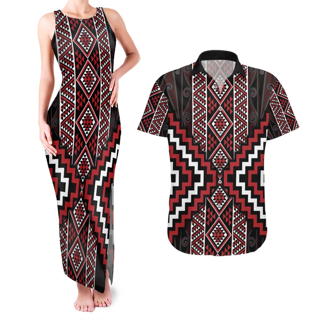 Red Tukutuku Pattern Aotearoa Couples Matching Tank Maxi Dress and Hawaiian Shirt Niho Taniwha and Puhoro Motifs
