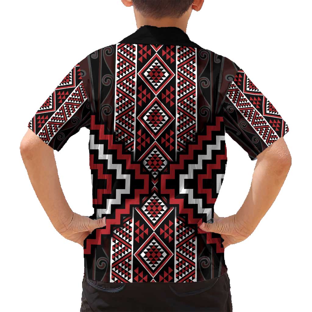 Red Tukutuku Pattern Aotearoa Family Matching Off Shoulder Short Dress and Hawaiian Shirt Niho Taniwha and Puhoro Motifs LT7 - Polynesian Pride