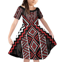 Red Tukutuku Pattern Aotearoa Family Matching Off Shoulder Short Dress and Hawaiian Shirt Niho Taniwha and Puhoro Motifs LT7 Daughter's Dress Red - Polynesian Pride