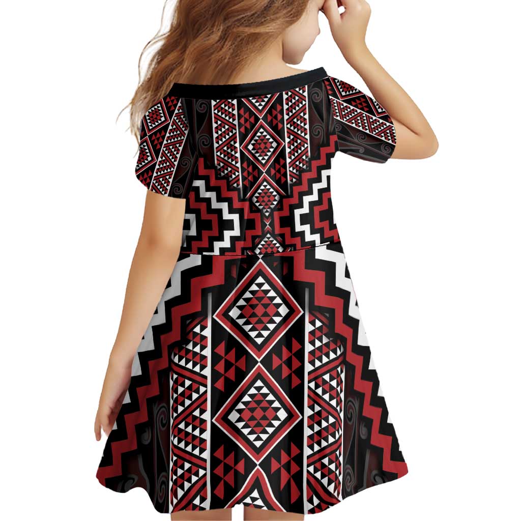 Red Tukutuku Pattern Aotearoa Family Matching Off Shoulder Short Dress and Hawaiian Shirt Niho Taniwha and Puhoro Motifs LT7 - Polynesian Pride