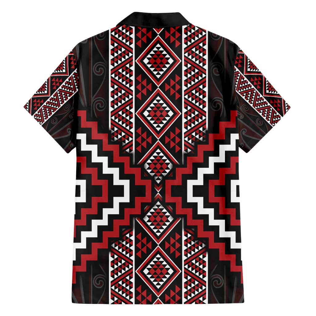 Red Tukutuku Pattern Aotearoa Family Matching Off Shoulder Short Dress and Hawaiian Shirt Niho Taniwha and Puhoro Motifs LT7 - Polynesian Pride