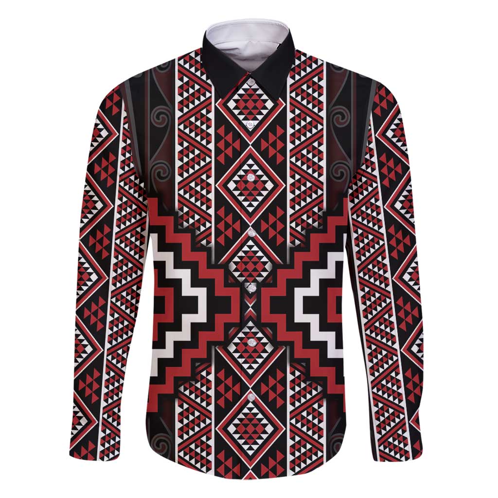 Red Tukutuku Pattern Aotearoa Family Matching Off Shoulder Short Dress and Hawaiian Shirt Niho Taniwha and Puhoro Motifs LT7 Dad's Shirt - Long Sleeve Red - Polynesian Pride