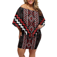 Red Tukutuku Pattern Aotearoa Family Matching Off Shoulder Short Dress and Hawaiian Shirt Niho Taniwha and Puhoro Motifs LT7 Mom's Dress Red - Polynesian Pride