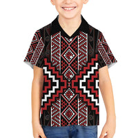 Red Tukutuku Pattern Aotearoa Family Matching Summer Maxi Dress and Hawaiian Shirt Niho Taniwha and Puhoro Motifs