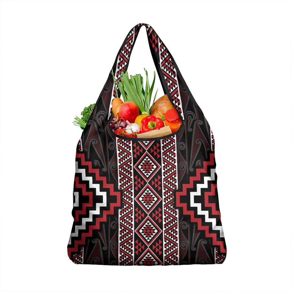 Red Tukutuku Pattern Aotearoa Grocery Bag Niho Taniwha and Puhoro Motifs