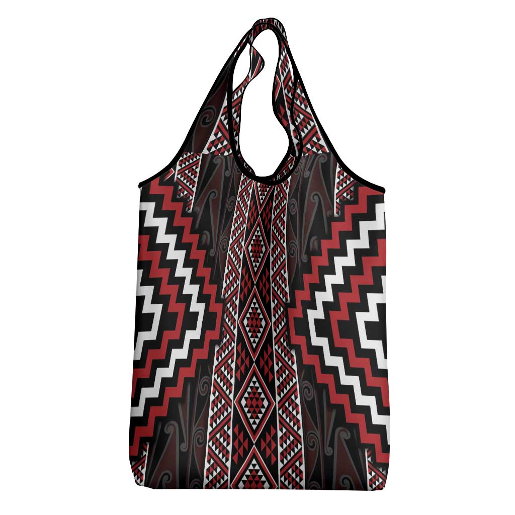 Red Tukutuku Pattern Aotearoa Grocery Bag Niho Taniwha and Puhoro Motifs
