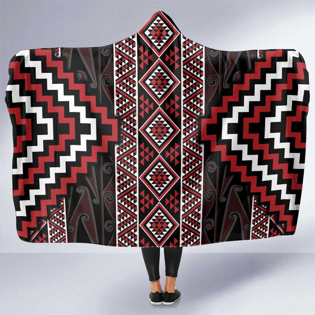 Red Tukutuku Pattern Aotearoa Hooded Blanket Niho Taniwha and Puhoro Motifs