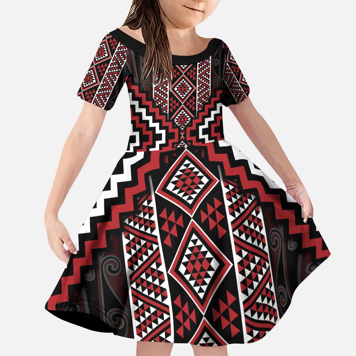 Red Tukutuku Pattern Aotearoa Kid Short Sleeve Dress Niho Taniwha and Puhoro Motifs LT7 KID Red - Polynesian Pride