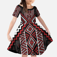 Red Tukutuku Pattern Aotearoa Kid Short Sleeve Dress Niho Taniwha and Puhoro Motifs LT7 KID Red - Polynesian Pride