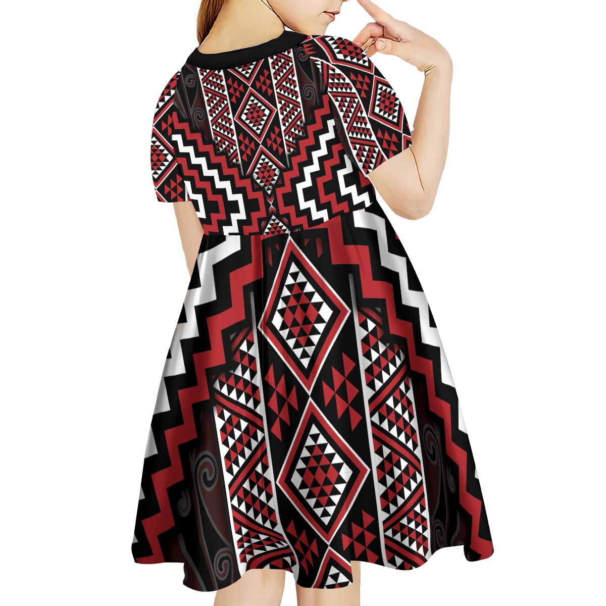 Red Tukutuku Pattern Aotearoa Kid Short Sleeve Dress Niho Taniwha and Puhoro Motifs LT7 - Polynesian Pride