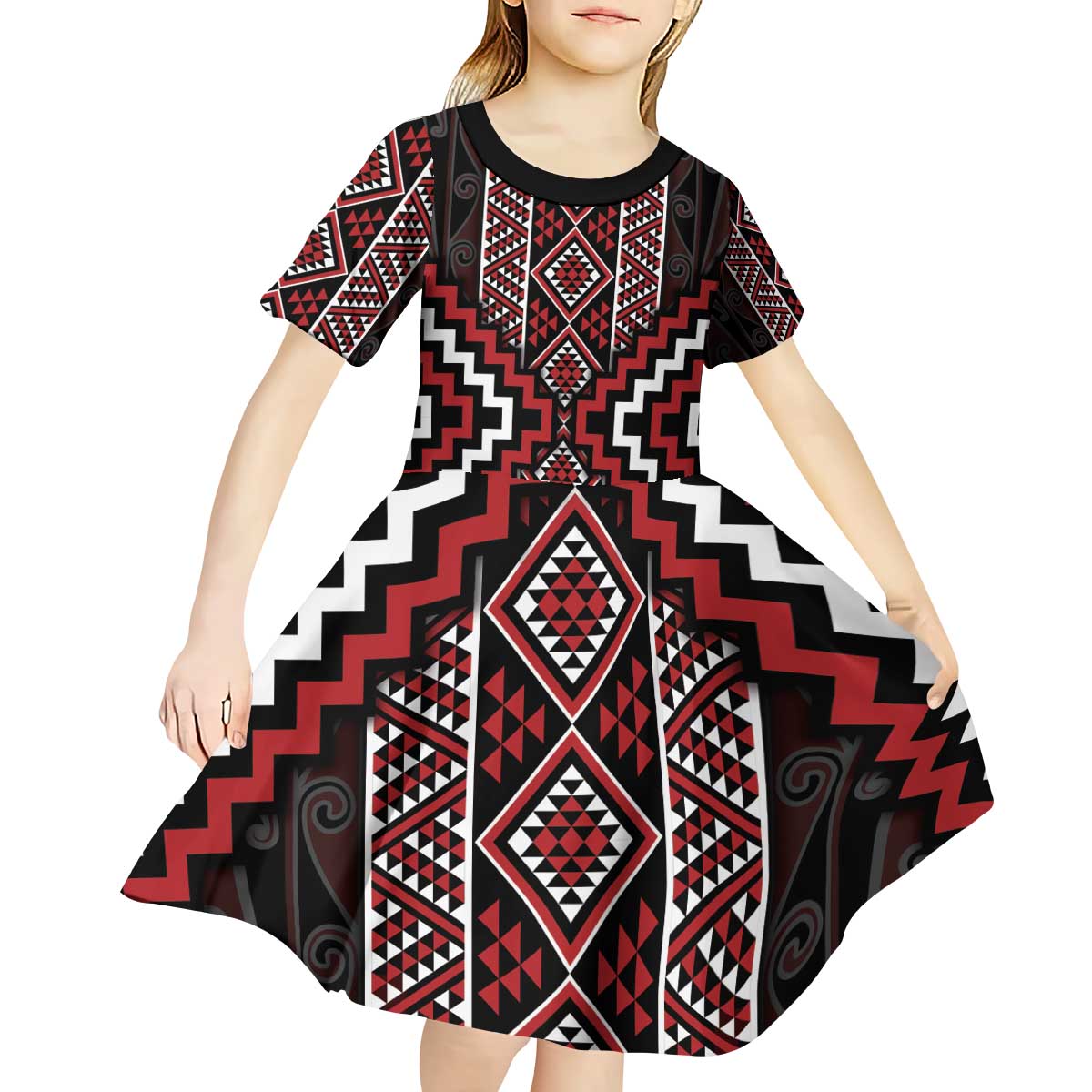 Red Tukutuku Pattern Aotearoa Kid Short Sleeve Dress Niho Taniwha and Puhoro Motifs LT7 - Polynesian Pride