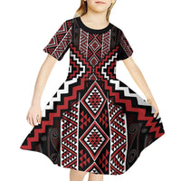 Red Tukutuku Pattern Aotearoa Kid Short Sleeve Dress Niho Taniwha and Puhoro Motifs LT7 - Polynesian Pride