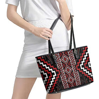 Red Tukutuku Pattern Aotearoa Leather Tote Bag Niho Taniwha and Puhoro Motifs