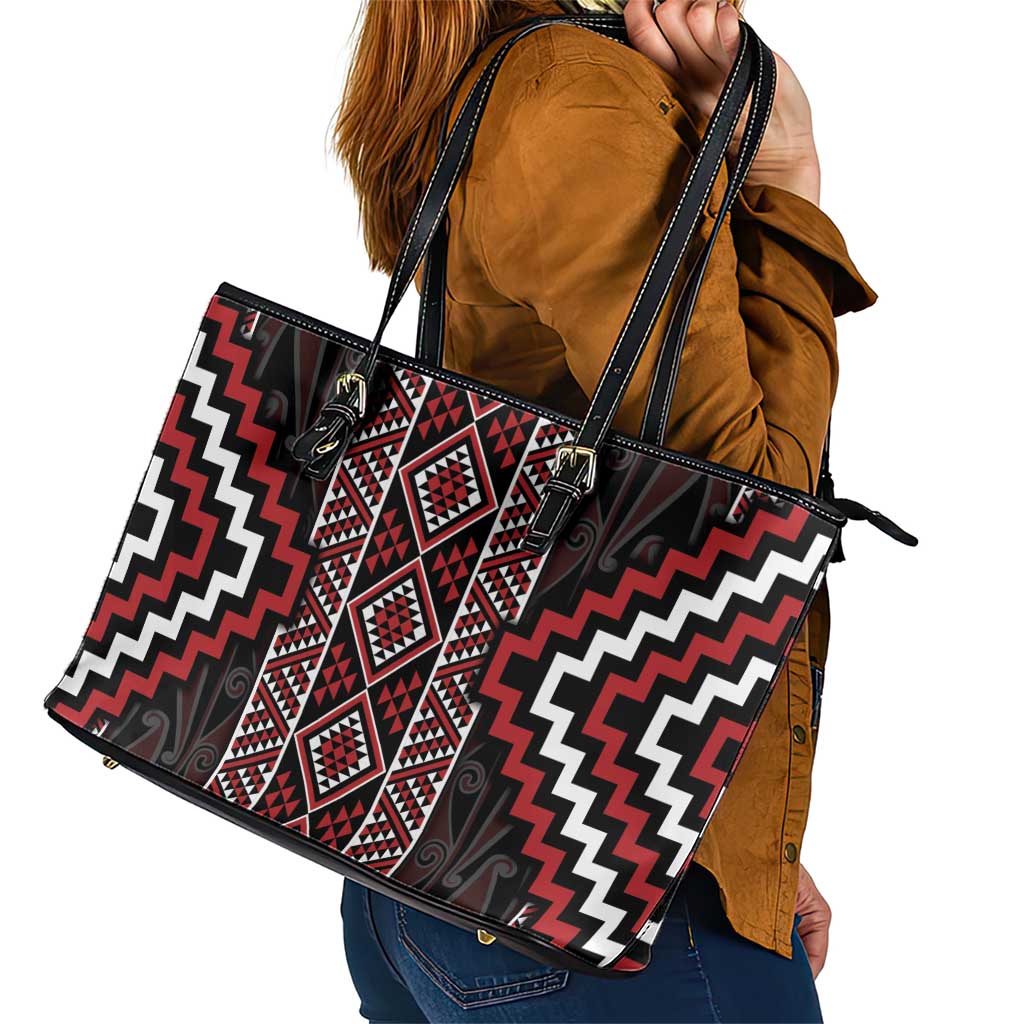 Red Tukutuku Pattern Aotearoa Leather Tote Bag Niho Taniwha and Puhoro Motifs
