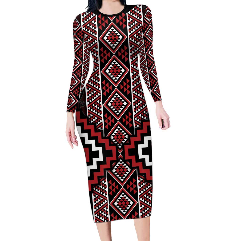 Red Tukutuku Pattern Aotearoa Long Sleeve Bodycon Dress Niho Taniwha and Puhoro Motifs LT7 Long Dress Red - Polynesian Pride