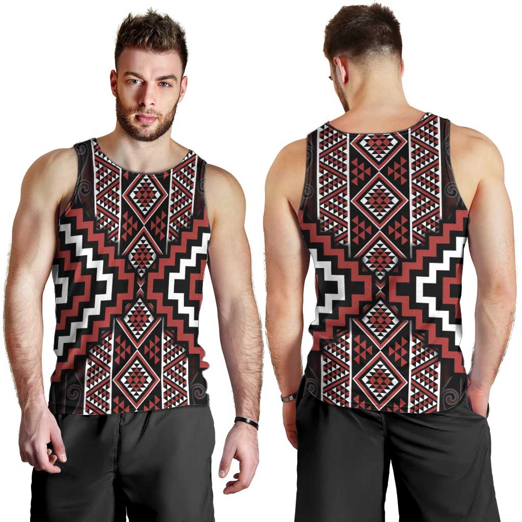 Red Tukutuku Pattern Aotearoa Men Tank Top Niho Taniwha and Puhoro Motifs