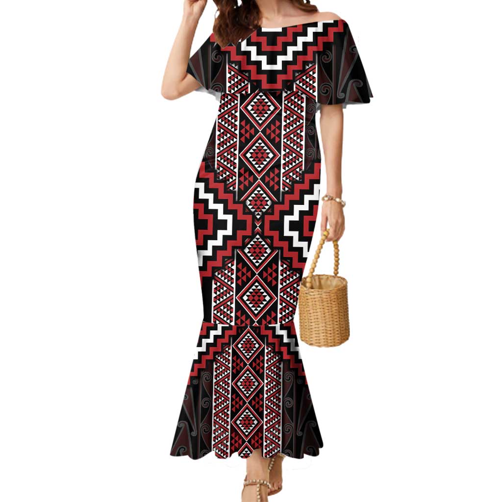 Red Tukutuku Pattern Aotearoa Mermaid Dress Niho Taniwha and Puhoro Motifs LT7 Women Red - Polynesian Pride