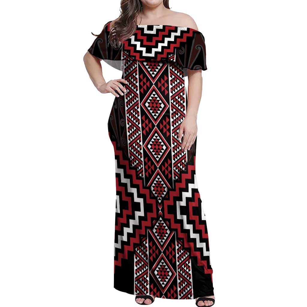 Red Tukutuku Pattern Aotearoa Off Shoulder Maxi Dress Niho Taniwha and Puhoro Motifs LT7 Women Red - Polynesian Pride