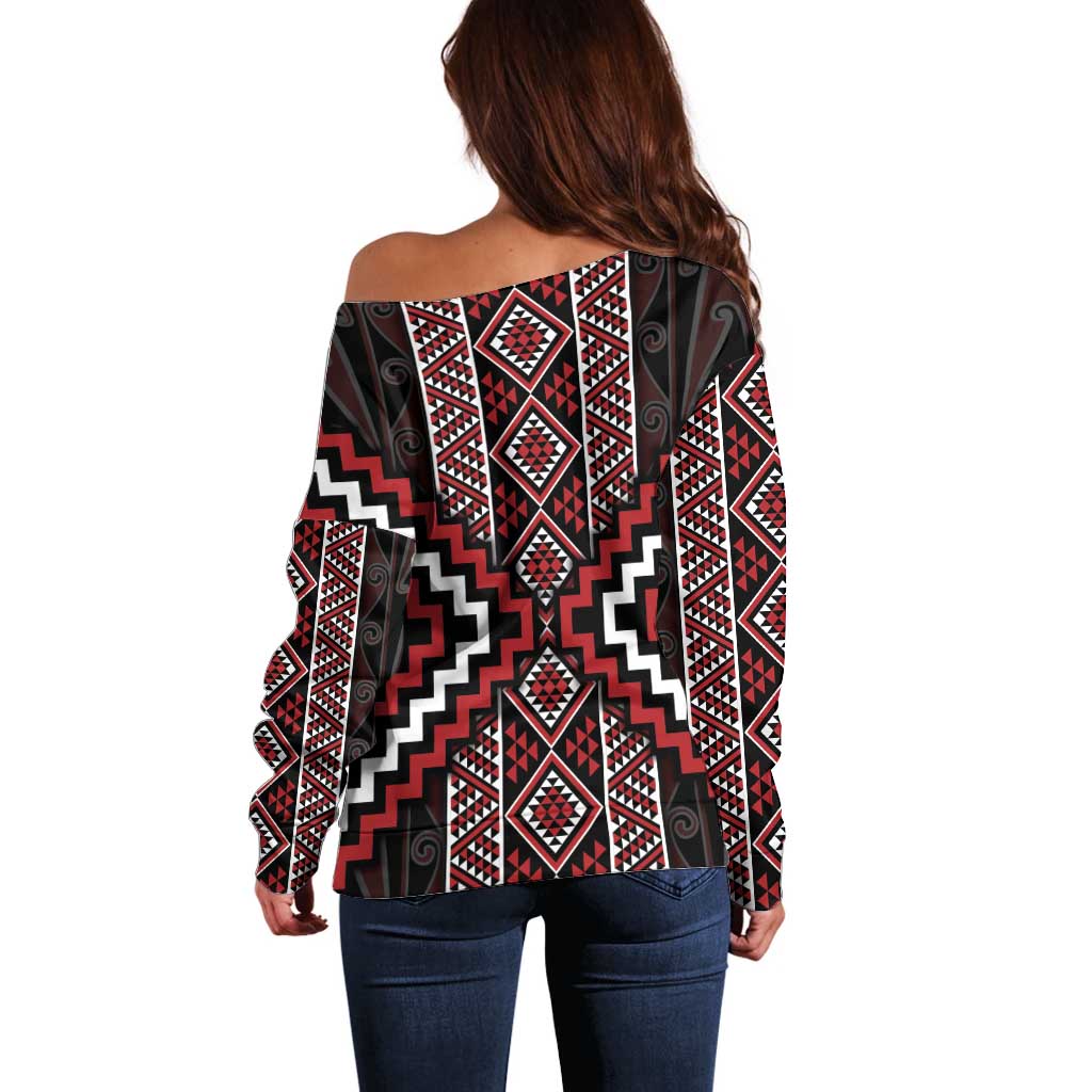 Red Tukutuku Pattern Aotearoa Off Shoulder Sweater Niho Taniwha and Puhoro Motifs