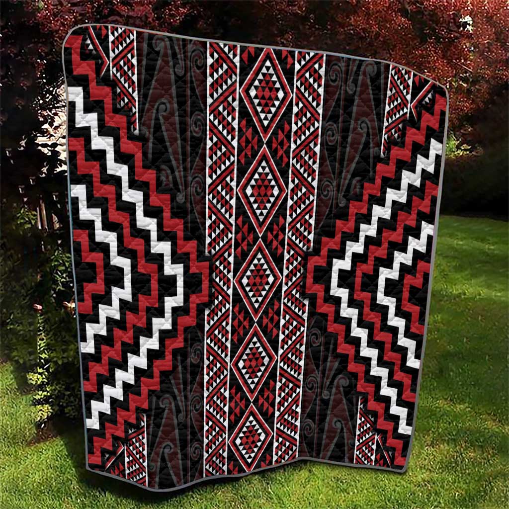 Red Tukutuku Pattern Aotearoa Quilt Niho Taniwha and Puhoro Motifs