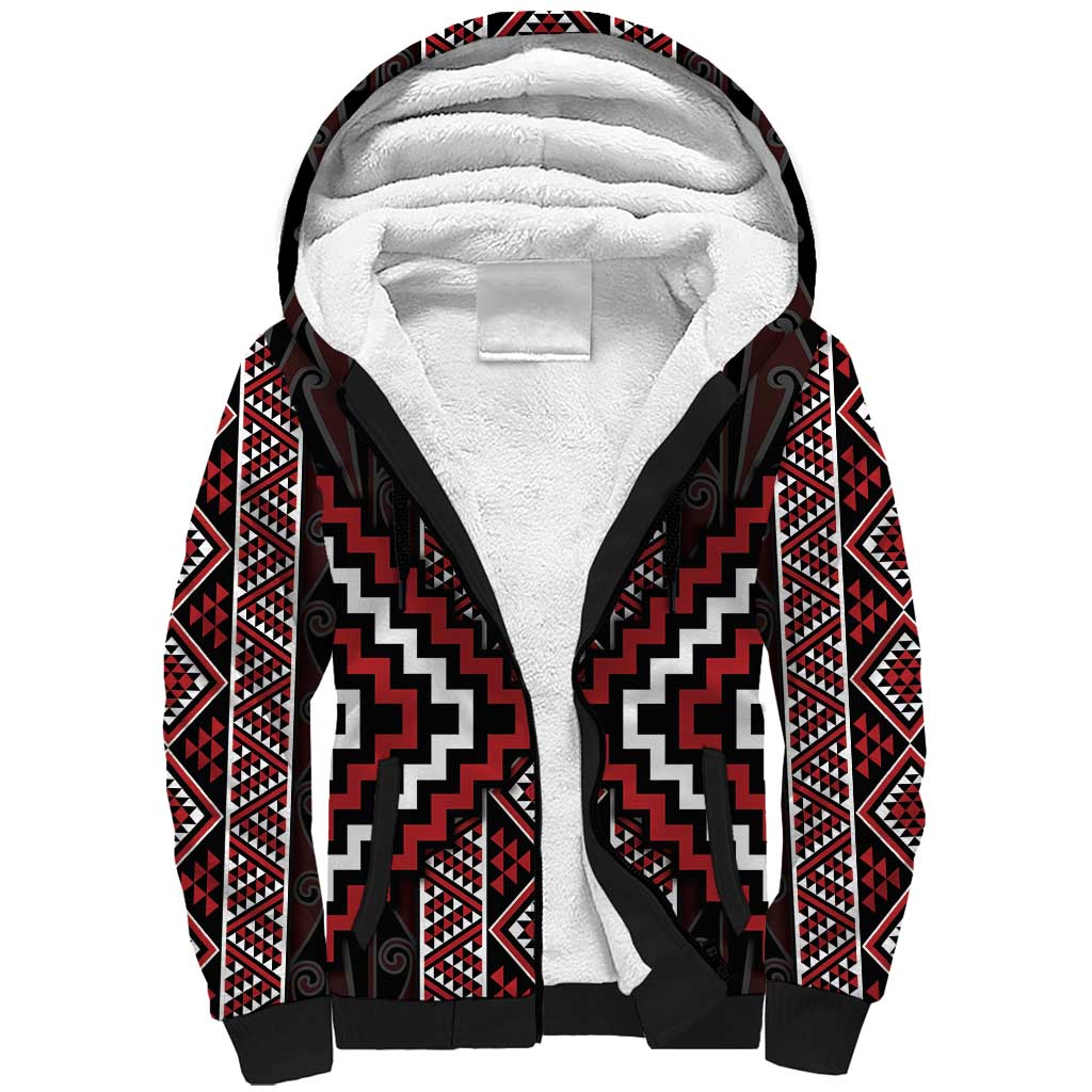 Red Tukutuku Pattern Aotearoa Sherpa Hoodie Niho Taniwha and Puhoro Motifs