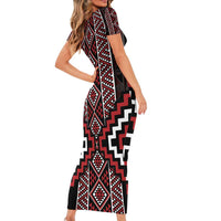 Red Tukutuku Pattern Aotearoa Short Sleeve Bodycon Dress Niho Taniwha and Puhoro Motifs LT7 - Polynesian Pride