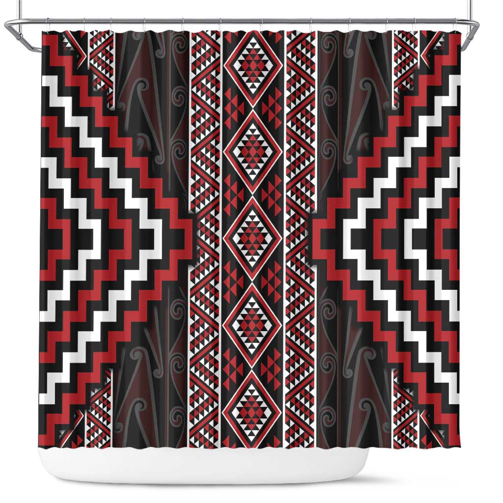 Red Tukutuku Pattern Aotearoa Shower Curtain Niho Taniwha and Puhoro Motifs