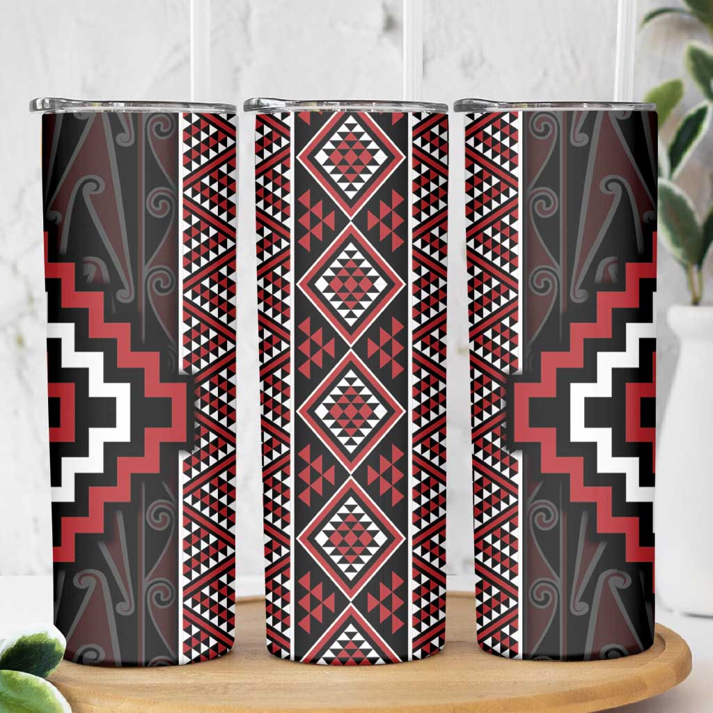 Red Tukutuku Pattern Aotearoa Skinny Tumbler Niho Taniwha and Puhoro Motifs LT7 - Polynesian Pride