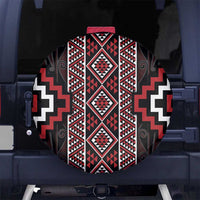 Red Tukutuku Pattern Aotearoa Spare Tire Cover Niho Taniwha and Puhoro Motifs