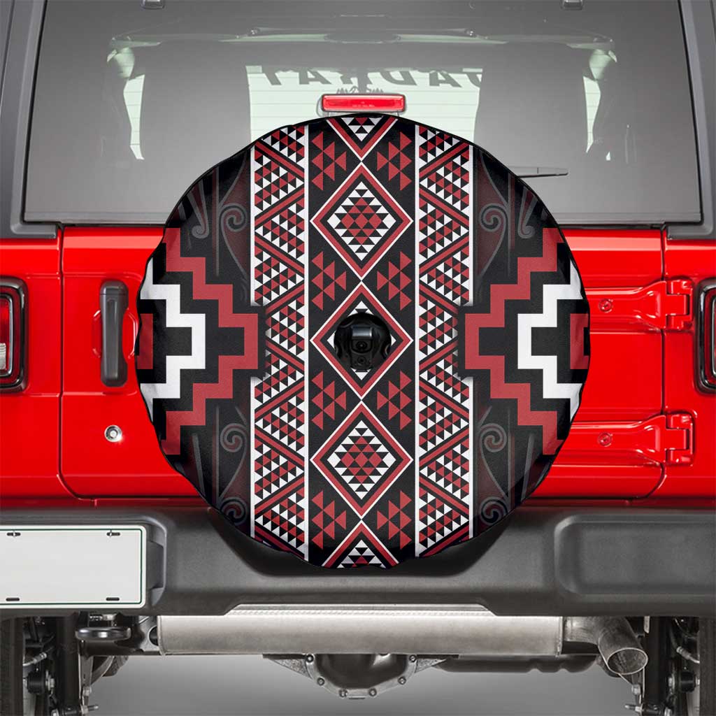 Red Tukutuku Pattern Aotearoa Spare Tire Cover Niho Taniwha and Puhoro Motifs