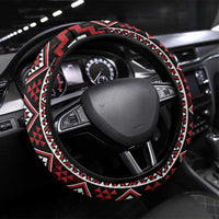 Red Tukutuku Pattern Aotearoa Steering Wheel Cover Niho Taniwha and Puhoro Motifs