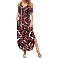Red Tukutuku Pattern Aotearoa Summer Maxi Dress Niho Taniwha and Puhoro Motifs LT7 Women Red - Polynesian Pride